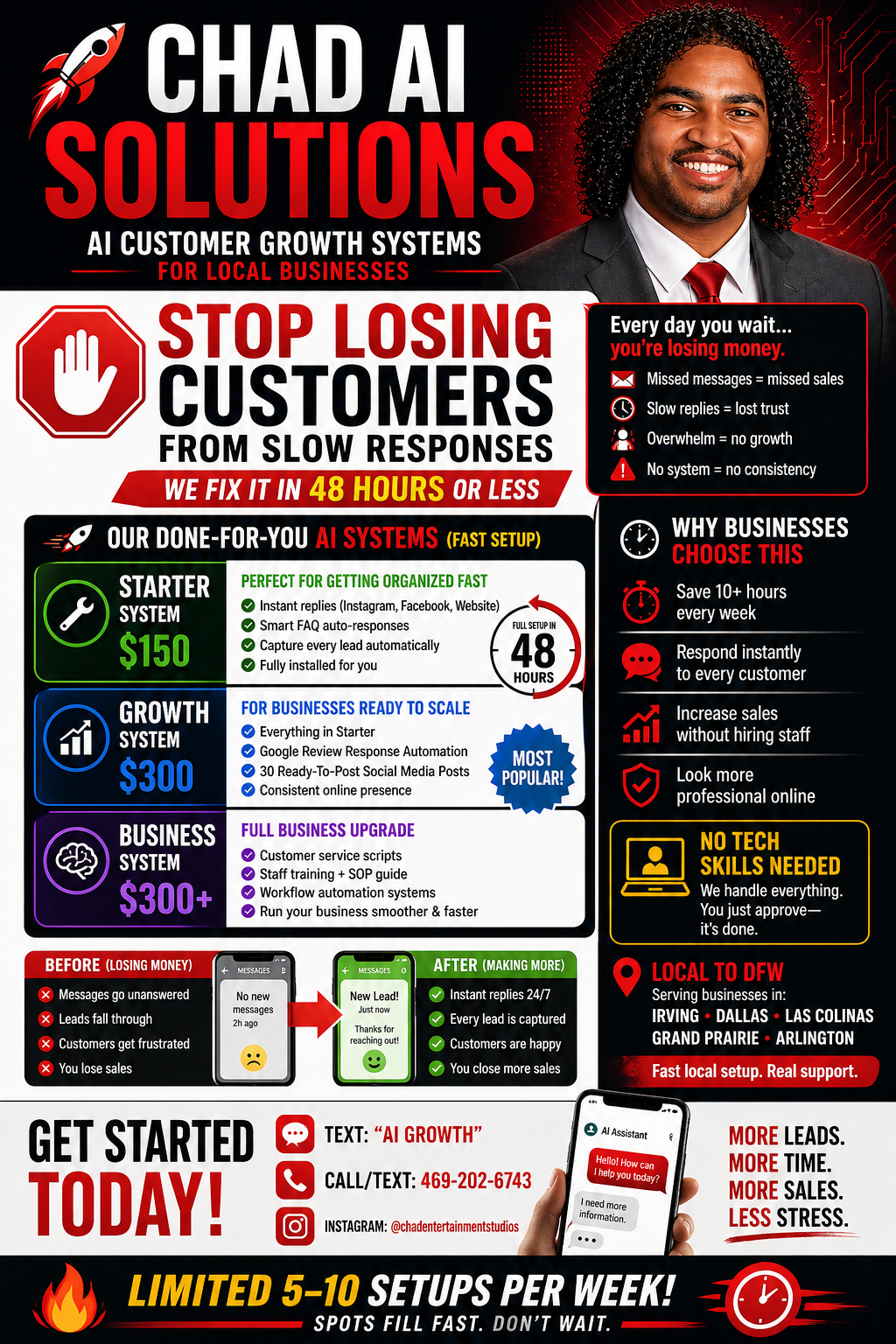 Chad AI Solutions — AI customer growth systems for local businesses. Starter $150, Growth $300, Business $300+. Setup in 48 hours.