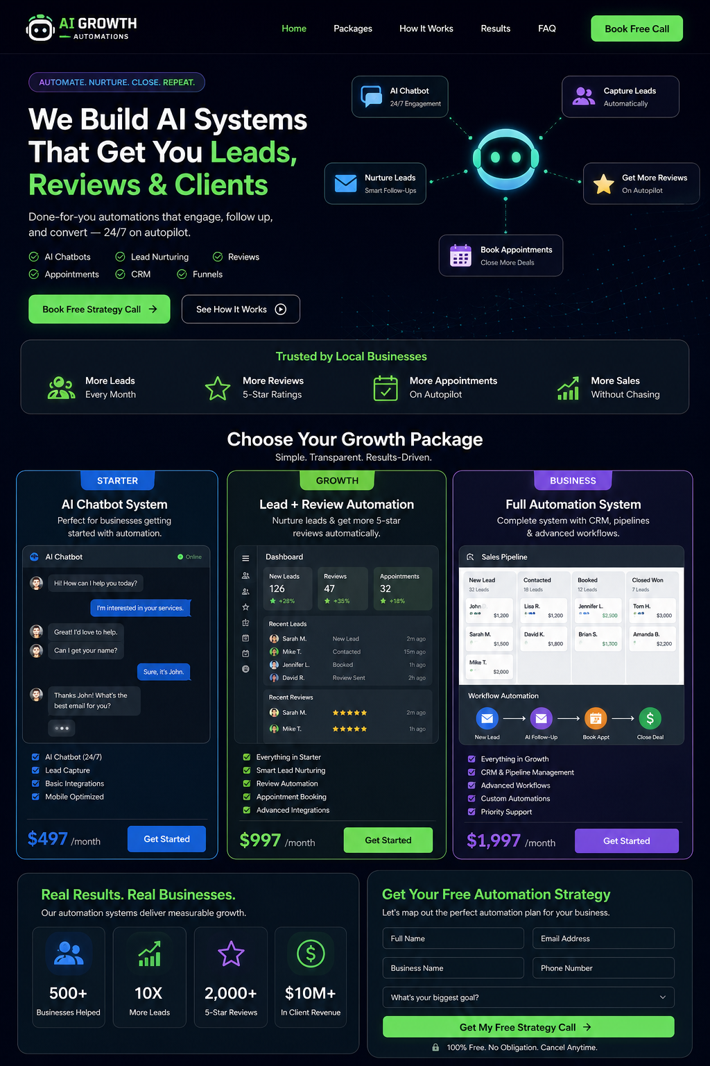 AI growth system overview showing chatbot, lead capture, follow-ups, and booking integrations.